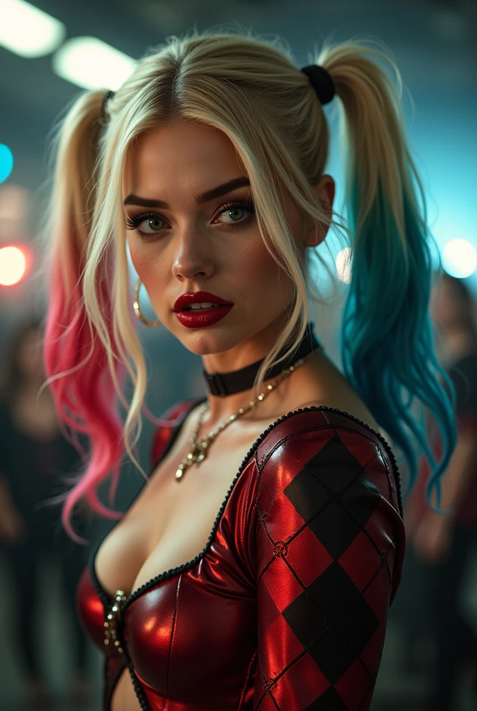 (best quality,4k,highres,masterpiece:1.2),ultra-detailed,realistic:1.37,full body shot,photorealistic Harley Quinn, pose from various angle, vibrant colors, sharp focus, dynamic lighting, detailed outfit, makeup, provocative expression, intricate tattoos, detailed facial features, elaborate props, contrasting background, cinematic composition, intense gaze, confident stance, seductive atmosphere, professional photography, studio lighting, grungy aesthetic, comic book style BREAK
Perfect anatomy.
perfect hair.
perfect breast.
perfect body.
perfect hands.
perfect face.
perfect eyes.
accurate.
anatomically correct.
BREAK
Sony A9 II and a 85mm f/1.8 GM lens.