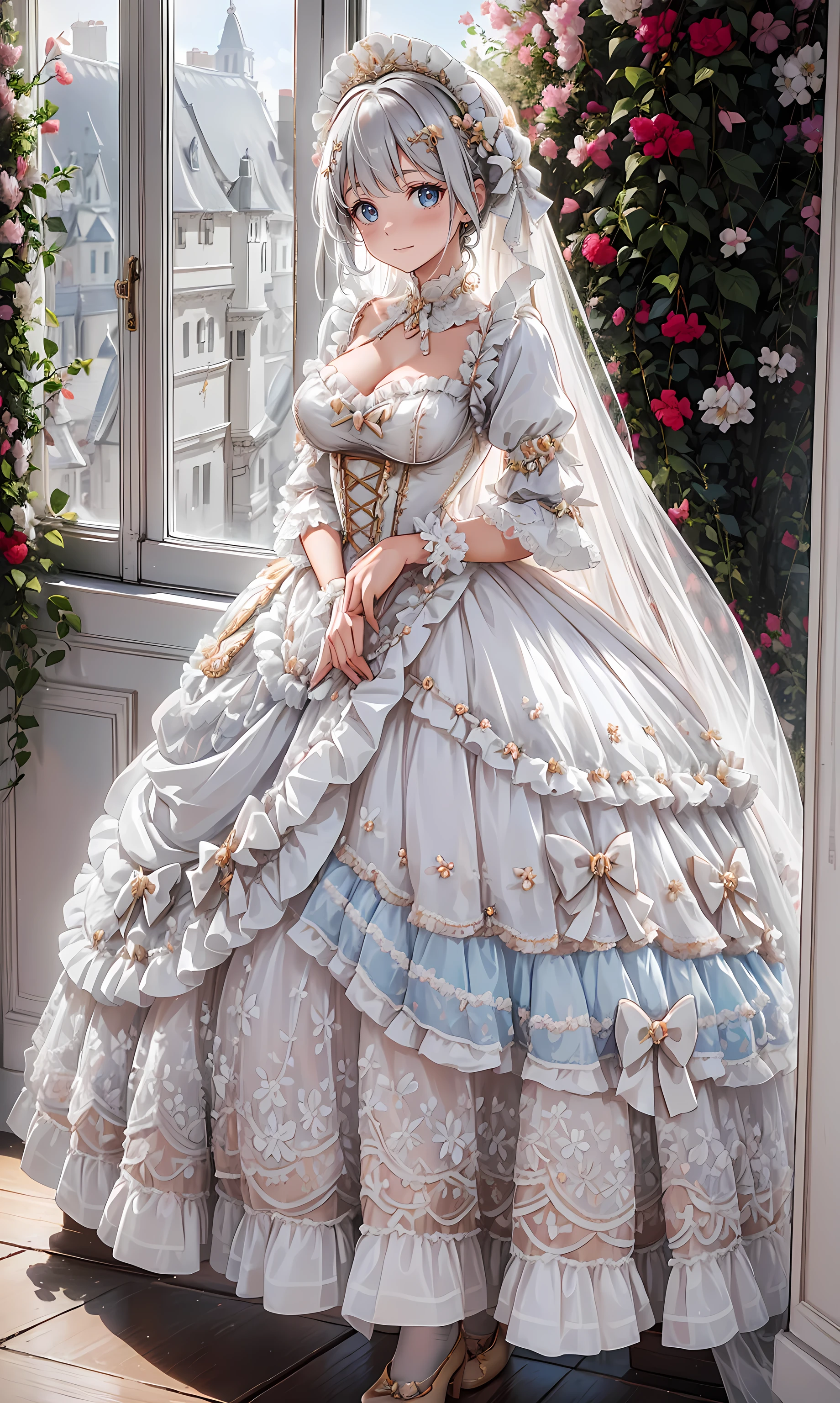 milkshake ,Attractions, Have Fun ,in love,( girl in white modern shirt 、 dress and pantyhose :1.2),( white ruffle bow gloves ), Silver Hair , golden eyes,Sacred headdress, transparent lace , Gorgeous Dress , alone,European bedroom,(night:1.1),Delicate Beautiful Face ,Ta,Flowers on clothes , colorful flowers