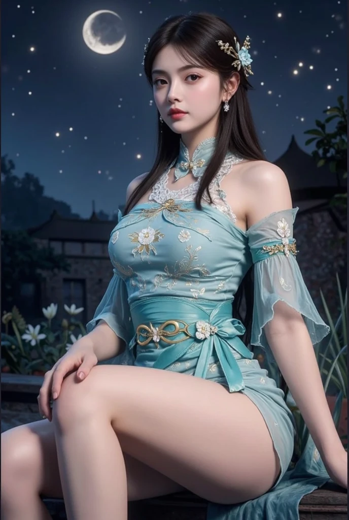 chang_e,hanfu,moon, ((whole body)), ((from below)), ((Sitting)), ((sitting on a bar stool)), Clear face, Pretty Face, 8K, masterpiece, original photo, best quality, detail:1.2,lifelike, detail, Very detailed, CG, Unite, wallpaper, Depth of Field, Movie Lighting, lens flare, Ray tracing, (extremely beautiful face, Beautiful lips, beautiful eyes), Wheels within wheels, detail的脸, (Bare shoulders), ((ultra detailed skin)), 1 girl, in the darkness, Deep Shadows, Beautiful korean girl, Korean Idol,(Very slim figure:1.3), Full breasts, Large Breasts, Slender sexy legs, Very beautiful legs, Elegant Posture, (A big smile), (City night, (Neon), (night), Beautiful korean girl, White Diamond Earrings, diameter bracelet, Deya Necklace, Clear eyes, (big eyes)