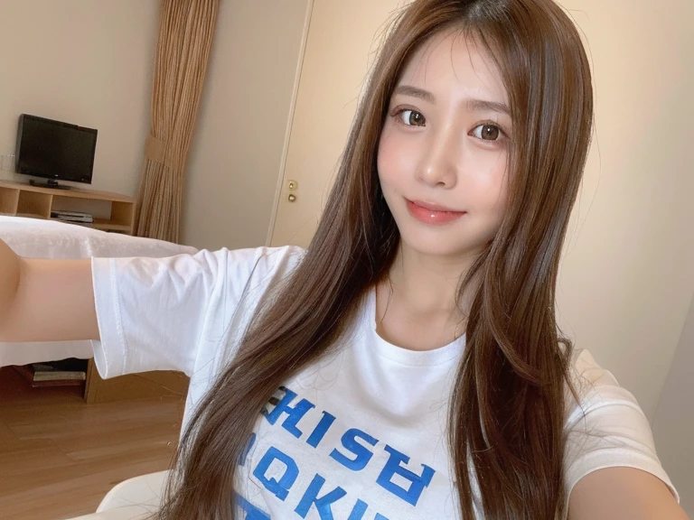 one woman,(18 years old),T-shirt,denim pant
costume,on the bed,full body shot,tanned skin,large breasts,cute face,big eyes,smiling,long hair,gold hair,high quality,japanese,cinematic angle