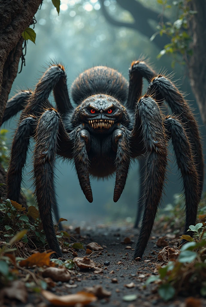 Spider, tarantula, blue and red, three heads