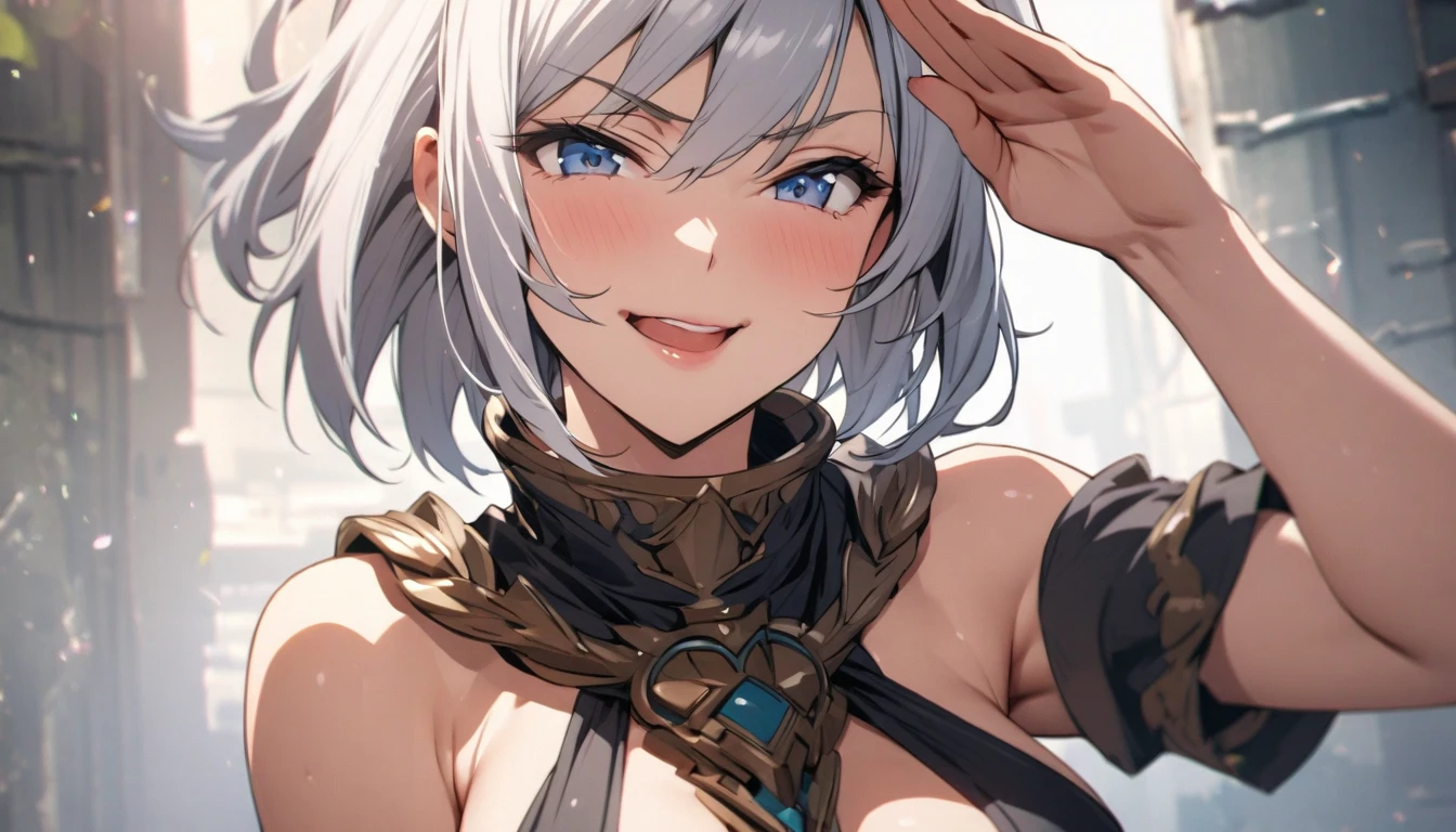 Her eyes were shining、Mysterious and enchanting atmosphere。With AI Painting、とてもShort Hair, Long bangs between the eyes, Very detailed,(masterpiece、Highest quality)、alone、Gray Hair、Fantasy, Silver Hair, Fantasyな風景、White shirt、smile、Open your mouth、Scarf、short hair、Short Hair、hairpin、black eye、Grey Eyes、Beautiful Eyes