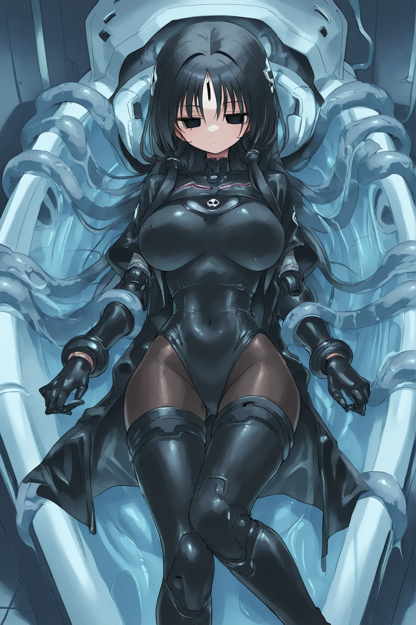 Hollow black eyes、long black hair、leotard suit、(black raincoat、spherical joint、expressionless) 、((extremely large breasts))、anime style、high image quality、High Quality。inside a research facility