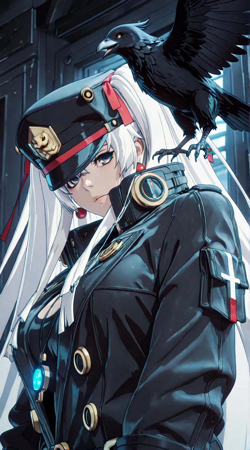 ggstduel, (ratatatar74-style:1.2), anime coloring, ((Cinematic, unreal engine, eye-catching, ambient occlusion, UHD, masterpiece)), ((perfect lighting)), comic, score_9, score_8_up, score_7_up, score_6_up, score_5_up, score_4_up, uncensored, detailed background, vignetting, masterpiece, Cinematic, high quality, absurdres, best quality, very aesthetic, newest, digital art, trending on ArtStation, ((anatomical correct)), perfect body, perfect eyes, perfect fingers, gasping, heavy breathing, gasping profusely, cinematic, ((skindentation)), ((curvy)), white hair, absurdly long hair, shako cap, sidelocks, two side up, hair ribbon, multicolored eyes, square pupils, plump, curvy, bird, crow, jewelry, solo, glowing, tattoo, earrings, looking_at_viewer, upper_body, necklace, closed_mouth, animal, glowing_eyes, jacket, neck_tattoo, long_sleeves, feathers