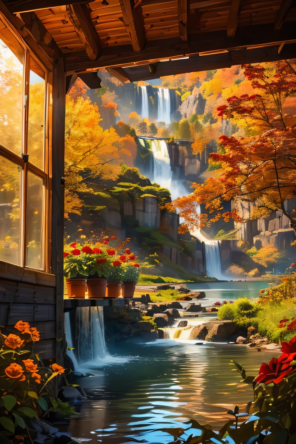 /imagine prompt: (( On the left side of。rustic wooden shed featuring large windows adorned with small red flower pots :1.5)), (( various fall foliage trees々 :1.3)), (( shade of red , Yellow, orange, Green:1.2)). The cabin is positio ned on the left side of the 16:9 frames , with round logs and sloping roof , serene autumn landscape . small stone paths leading from the cabin to the nearby turquoise lake. (( large waterfall flowing out of a rocky cliff toward the lake :1.4)), positio