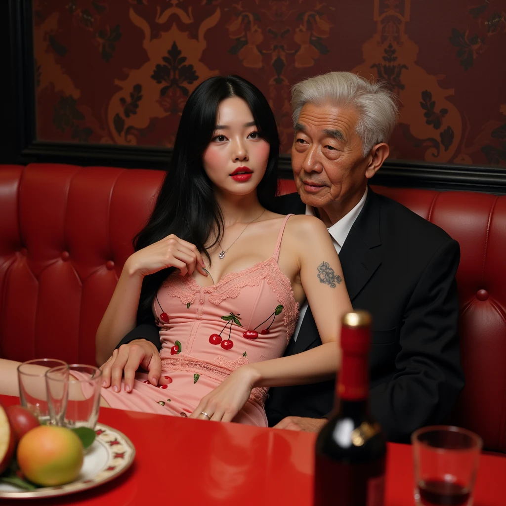 (((1 korean young girl and 1 old korean man facing each other))), {1 korean girl dressed in a 1950s-inspired dress, complete with a full skirt and petticoat, (big breasts, strikingly beautiful, delicate facial features, porcelain skin, expressive eyes, black hair, red lips),her hair styled in classic pin curls. She should be seated at an old-fashioned diner, surrounded by vintage details like a jukebox, chrome accents, and neon signs. Her eyes should be sparkling with excitement}, dramatic lighting. This scene should be captured on 35mm film, with a beautiful depth of field and a slightly blurry, nostalgic background, filmg, (((60 years old korean man wearing business suit))), (((60 years old korean man hugging on korean young girl's chest))), focus on old man,