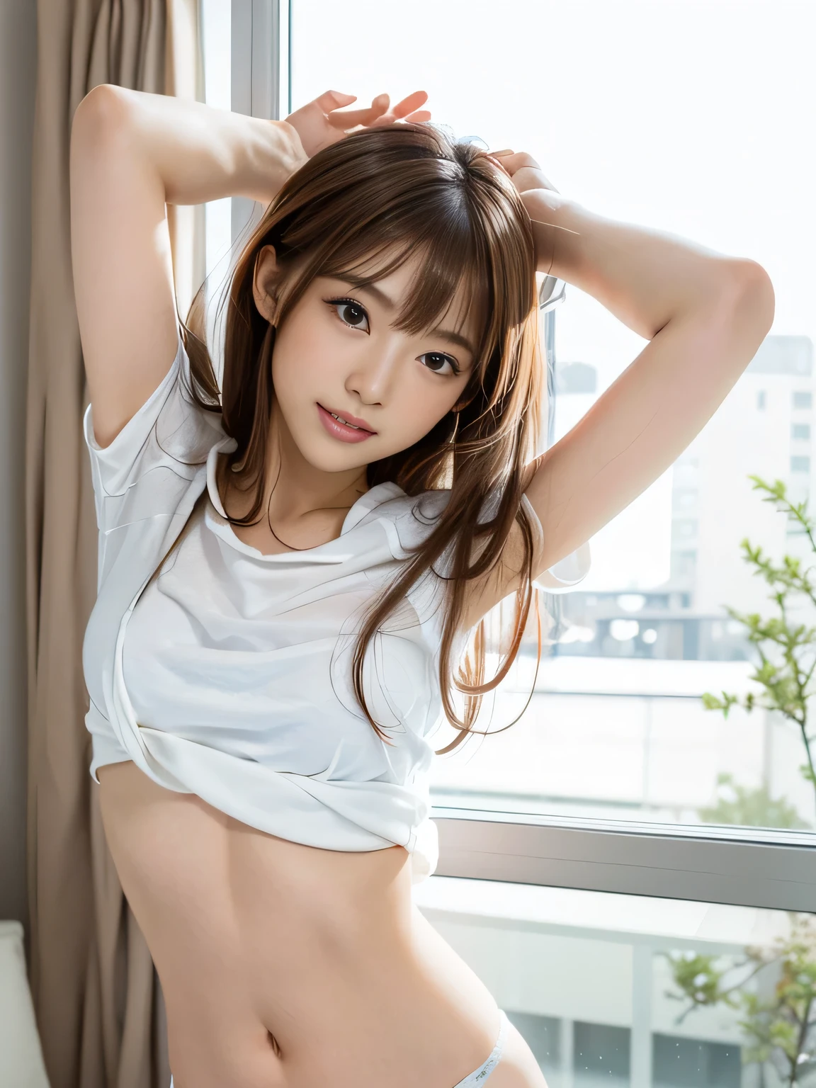 (8k、RAW Photography、Top image quality、masterpiece:1.2)、(real picture:1.6)、(masterpiece)、(Top image quality:1.0)、(Ultra Hi-Res:1.0)、detaileds、age 40s、soio、Detailed beautiful skin、Detail room, ,real looking skin, middlebreast, top-quality, 超A high resolution, cute little, length hair, a smile, , Sheer white shirt, , sitting on a bed,No underwear、Hadaka under a sheer shirt
