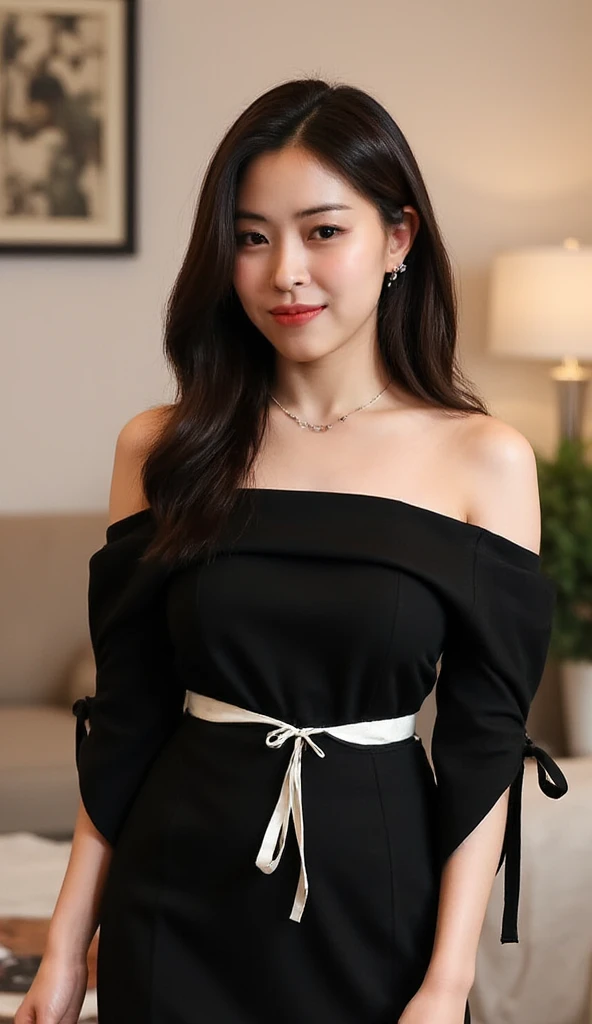 ((Best Quality, 8K, Masterpiece: 1.3)), Focus: 1.2, (Cinema Filter: 1.3) Perfect Body Beauty: 1.4, Buttocks: 1.2, (Layered Haircut: 1.2)), , (Sitting on the Sofa: 1.3), Realistic Face and Skin Texture, Full Body, Fine Eyes, Double Eyelids, Long Hair, (Round Face: 1.5), (Black Top: 1.6), Cleavage, Medium Chest
