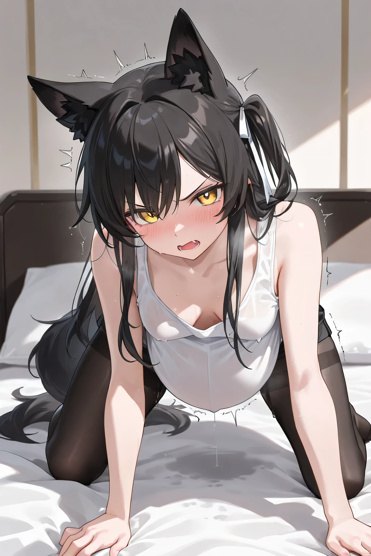 A girl kneels on the ground like a dog,Stick out her tongue,A black face,tempting pose,With a collar,In a white blouse shirt,Black lace ,black lence stockings,cat ear,a cat tail --auto