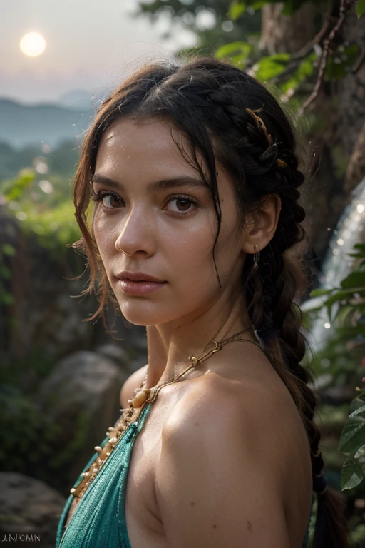 (best quality,ultra-detailed,photorealistic),young woman,beautiful eyes,detailed lips,pensive expression,soft lighting,vibrant colors,,long flowing hair,stylish warrior outfit, jungle background,colorful flowers,natural sunlight,serene atmosphere, hourglass figure, 4k details,
