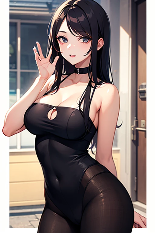 A anime girl with big boobs in white and black dress