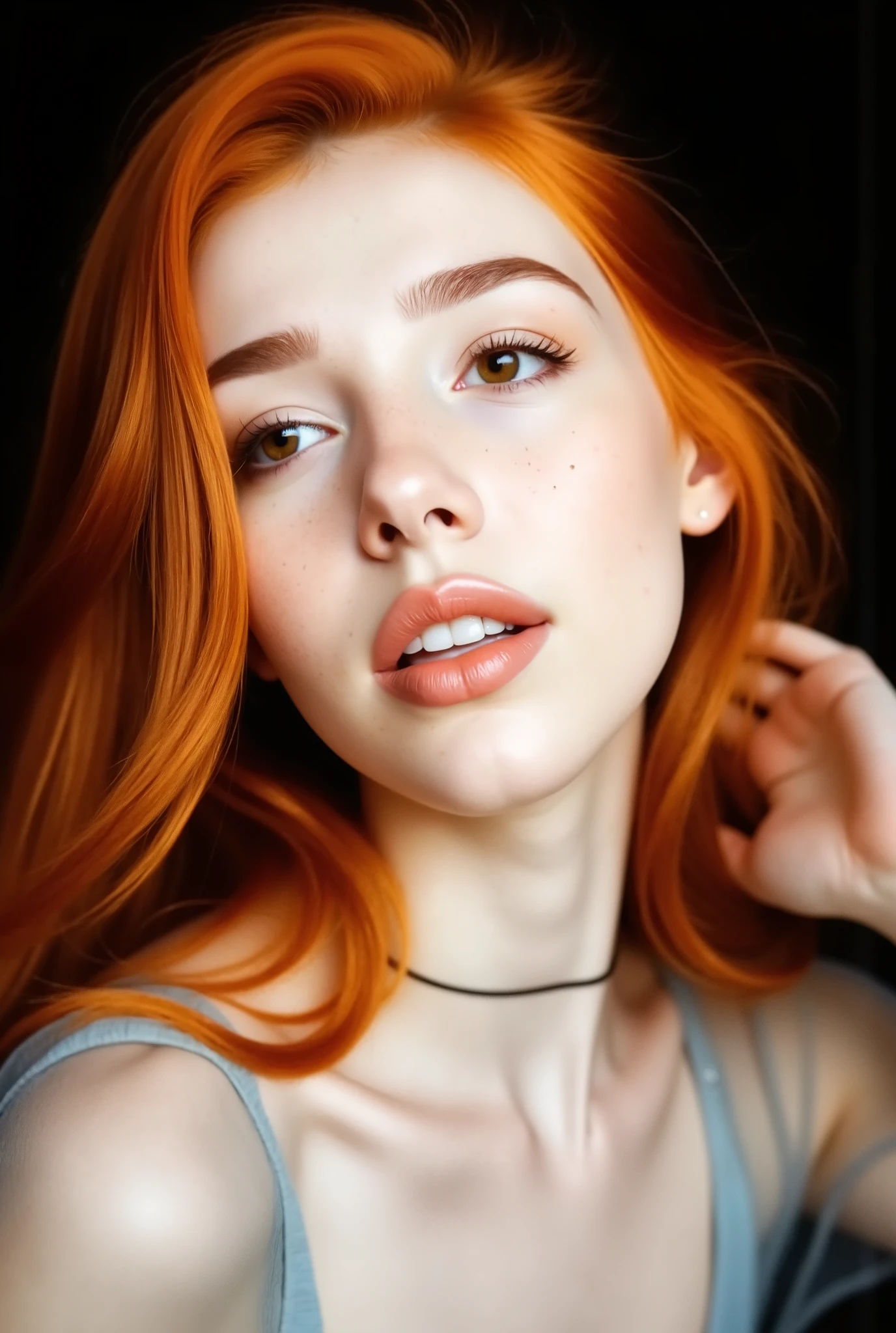 (camiru1va:1.2), best quality, ultra high resolution, cinematic lighting, extremely detailed, realistic textures, photorealistic, real skin texture, vivid colors, artistic photography, soft shadows, shallow depth of field, dreamy morning light, beautiful slim young woman with long slightly wavy vibrant copper red hair, honey-colored eyes, fair porcelain-like skin, natural soft makeup, faint freckles, small natural pink lips, posing with one hand casually and naturally running through her hair, the arm slightly bent above her head, fingers intertwined loosely into her soft red hair, creating a graceful, effortless and spontaneous movement, strongly emphasizing the casual but alluring pose, the head tilted slightly towards her raised arm, emphasizing the natural curve of her neck and the relaxed beauty of the moment, capturing the gentle movement of hair cascading along her shoulder, her lips naturally relaxed, subtly parted in a soft, sensuous, almost shy smile, extremely focused on the delicate texture and light gloss of her lips, repeating: lips softly parted, slight moist shine, delicate and inviting look, emphasized, reinforced, re-reinforced focus on the softness and naturalness of her lips, essential to the sensual but innocent vibe, wearing a translucent light blue blouse with ruffled details, fabric slightly sheer, soft light wrapping around her figure, cozy bedroom background with white walls, simple furniture and soft bedding, minimalistic and peaceful atmosphere, fresh candid home setting, cinematic lens flare adding dreamy softness