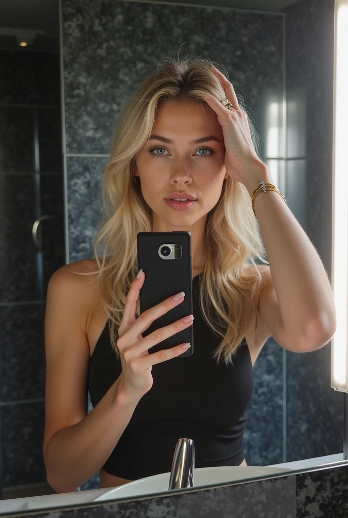 mirror selfie of a beautifull 18 year old blonde girl in handcuffs in green school kilt, matching bra and matching tie and she has the phone in her hands
