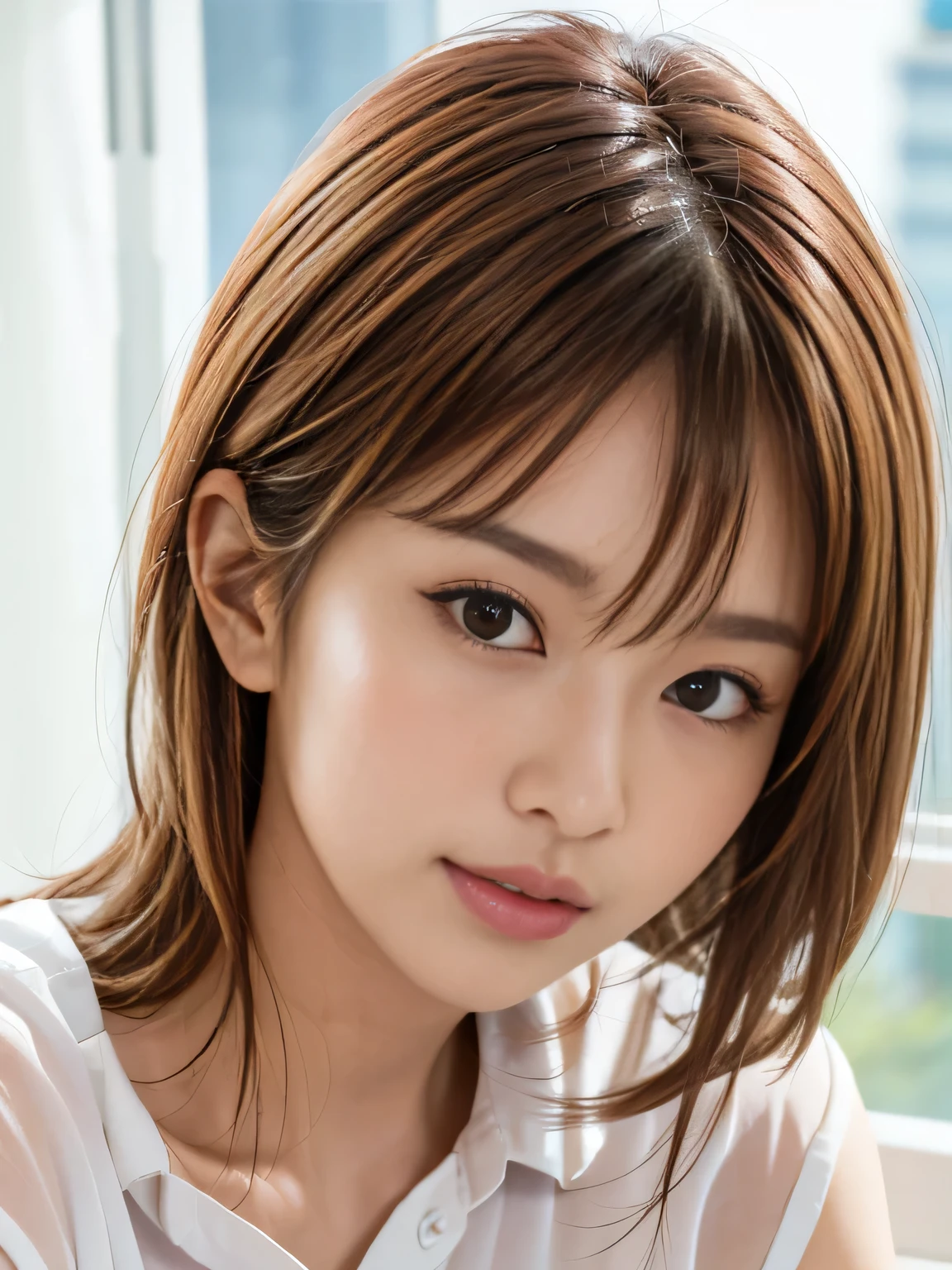 beautiful Japanese woman, perfect face, soft gaze, expressive eyes, delicate expression, chestnut brown hair, thin wispy bangs partially covering the forehead, slightly uneven bangs, silky straight hair, light volume hair, clear skin, realistic skin texture, natural makeup, subtle highlight, gentle eyes, refined features, soft light, cinematic lighting, ultra-detailed, photorealistic, close-up portrait, 8k, sharp focus, studio lighting, looking at viewer, elegant beauty, (shyly smiling:0.9), (Take off white shirt:1.2), (undressing top:1.2), (shirt_lift), (changing her shirt), armpit, underwear show through, Posing by a window,