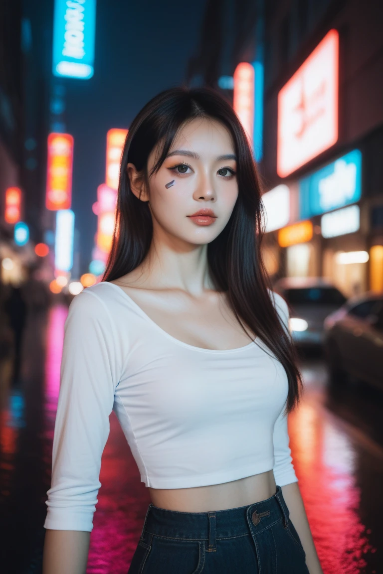8k, masterpiece, RAW photos, best quality, photorealistic, extremely detailed CG unity 8k wallpaper, depth of field, Cinematic Light, lens flare, ray tracing, (very beautiful face, beautiful lips, beautiful eyes), A face with intricate details, ((highly detailed skin)) 1 woman (highest resolution, separated_Video) best quality, 1 woman, tokyo streets,night, cityscape,city lights, whole body, smooth, long legs,cleavage 8k, RAW photos, best quality, masterpiece,realistic, photo-realistic, cowboy shot, whole body,hee t-shirt, I can see below the chest, mini skirt
