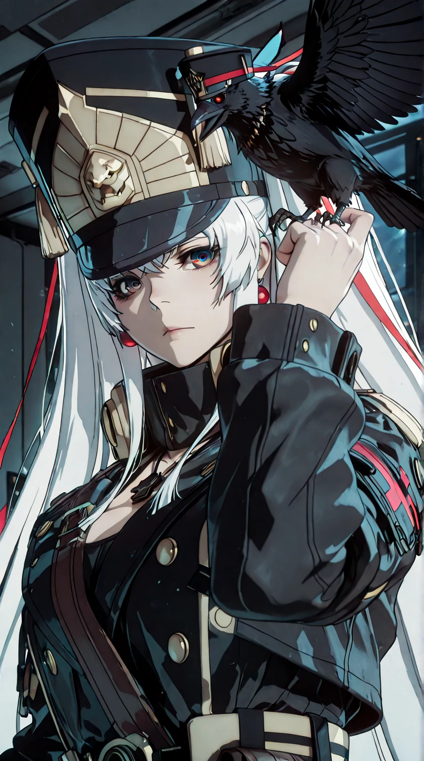 ggstduel, (ratatatat74:1.2), anime coloring, ((Cinematic, unreal engine, eye-catching, ambient occlusion, UHD, masterpiece)), ((perfect lighting)), comic, score_9, score_8_up, score_7_up, score_6_up, score_5_up, score_4_up, uncensored, detailed background, vignetting, masterpiece, Cinematic, high quality, absurdres, best quality, very aesthetic, newest, digital art, trending on ArtStation, ((anatomical correct)), perfect body, perfect eyes, perfect fingers, gasping, heavy breathing, gasping profusely, cinematic, ((skindentation)), ((curvy)), white hair, absurdly long hair, shako cap, sidelocks, two side up, hair ribbon, multicolored eyes, square pupils, plump, curvy, bird, crow, jewelry, solo, glowing, tattoo, earrings, looking_at_viewer, upper_body, necklace, closed_mouth, animal, glowing_eyes, jacket, neck_tattoo, long_sleeves, feathers, hollow eyes