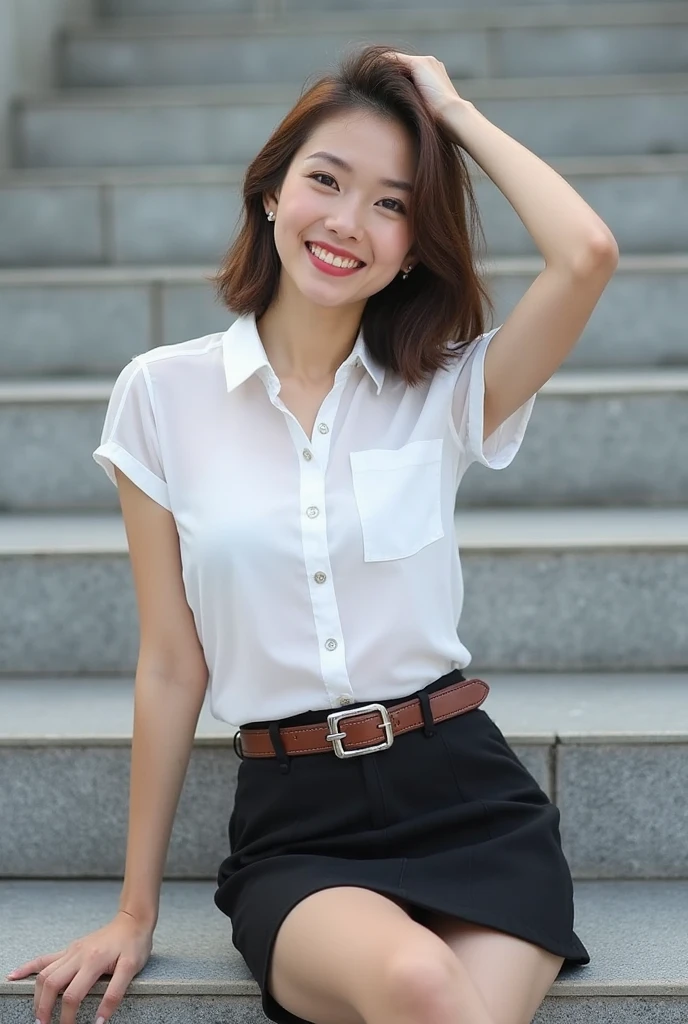 Tabletop、Highest quality、Genuine、Very detailed、finely、High resolution、8k wallpaper、One beautiful woman、light brown disheveled hair、Sharp focus、Perfect dynamic composition、Beautiful and detailed、Thinning hair、詳細なGenuineな肌の質感、smile、Close-up portrait、Model body type、smile、29-year-old Japanese woman、A long-sleeved white button-down shirt、Black Skirt、Silver sparkly rhinestone chain belt、necklace,White Tote Bag,Chest-length straight long hair, Center of chest, Natural color lip, Random sexy poses,In front of a cafe near Tokyo Station,Front image、The whole body is shown from head to toe,Anatomically correct body
