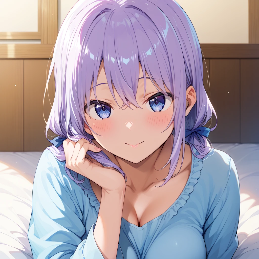 highest quality、masterpiece、High resolution、very detailed、8K、(((one girl)))、cute、bob hair、long sideburns、anime、Transparent white skin、((gray hair))、eyes purple、((Light blue arabesque pattern winter pajamas))、((midnight))、Sleepy look、lie down、lie down、((((cute猫のぬいぐるみを抱く)))),((((bedroom at night))))、clock、Detailed bedroom、Fished out eyes、Inappropriate smile、((clock))、night scene、(((whole body)))、(((())))、Small cleavage、kiss face、