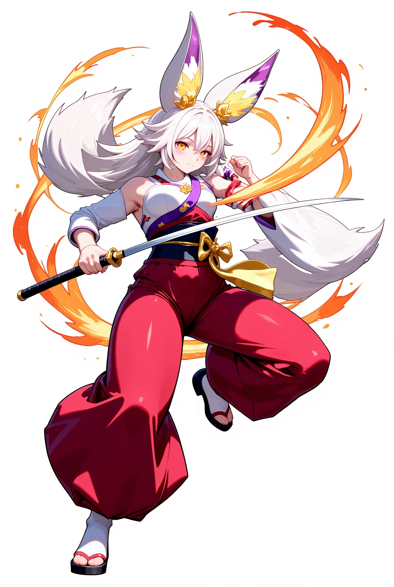 # Fox Shrine Dot Picture Attack Motion Rough Plan(512x512px, 3 frame )
# frame 1 : storage pose
# - wooden swordを両手で構え、position where you drop your back and get fired up
# - face slightly downward、sleeves are swaying softly
# Frame 2: slash motion
# - The moment you swing down the wooden sword in a big way
# - Sleeves swing back vigorously、tail also spreads softly
# - face Slightly leaning forward posture、 aggressive eyes
# Frame 3: return pose
# - wooden swordを振り終えて、on the way back to the original standing position
# - body slightly forward、and relax
# - position where you can feel the afterglow of movement on the sleeves and tail
# ▶ body balance
# - head big、Body is slightly slender
# - girly style(body length:head 2.5〜3x)
# - full tail(slashing motion)
# ▶ color palette
# - White hair like yellow and white sea bream bones
# - large fox ears(There is a small purple defensive line)
# - full red and white kimono
# - long sleeve(hand position)
# - wooden sword(white rope,Dunsai A casual and simple shape)
# ▶ memo
# - created on a 512x512px canvas
# - Assumes sprite animation with Unity
# - finally PNG one frame at a time