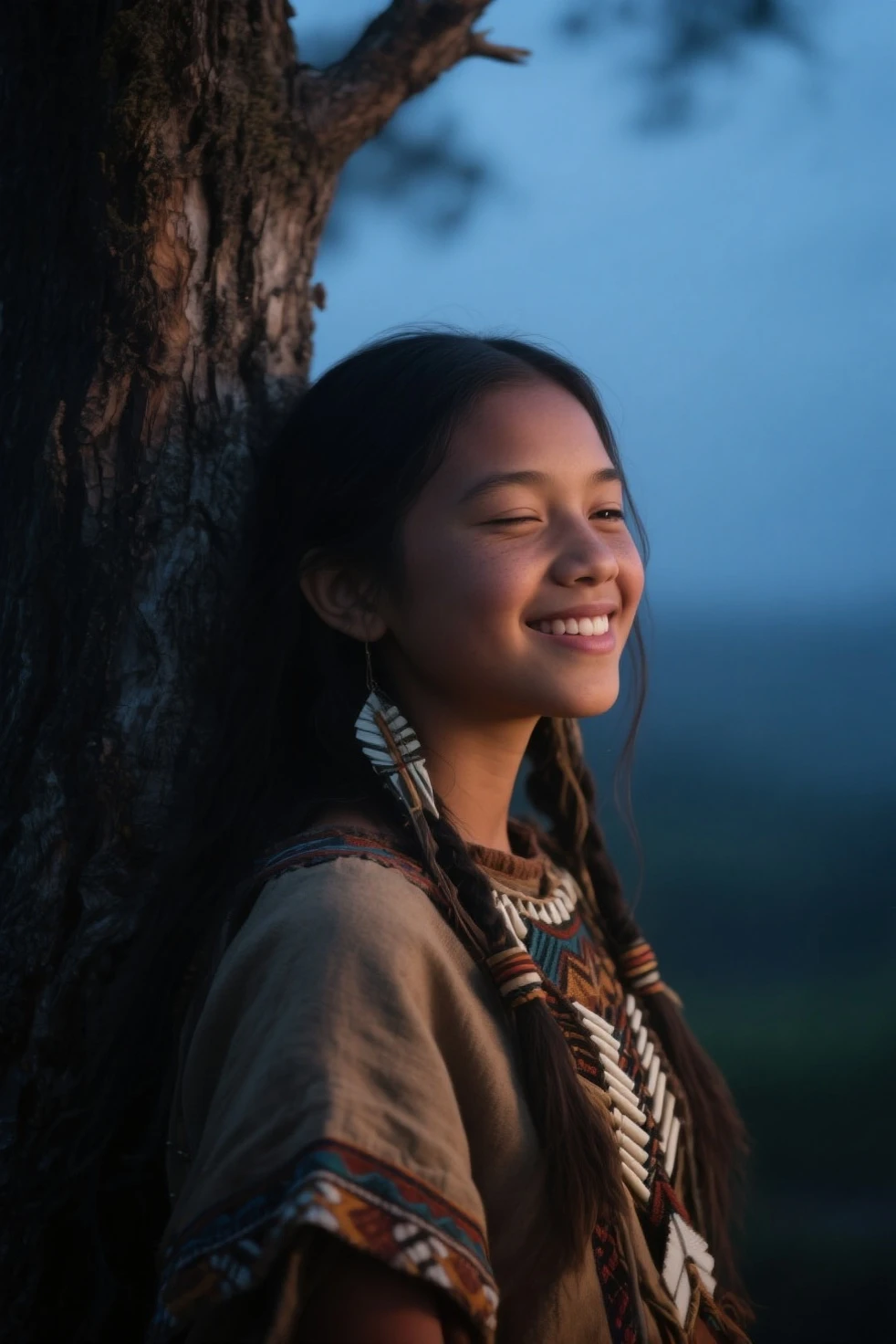 (grainy:0.5), cinematic, girl,native american,fantasy,(solo:1.3), detailed eyes, detailed face, detailed native american clothing , volumetric lighting, dusk, extremely detailed background, standing next to tree, smiling, half closed eyes, tilted head, from side
