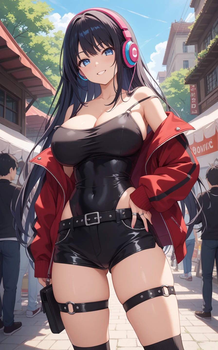 (masterpiece:1.37), best quality, (extremely detailed:1.37), woman, (very long hair:1.5), dark purple hair, purple eyes, (extremely detailed eyes:1.37), (wetting self:1.25), large breasts, stylish jacket, multicolored jackt, jeans, cleavage, navel, city, high-tech, street, full body