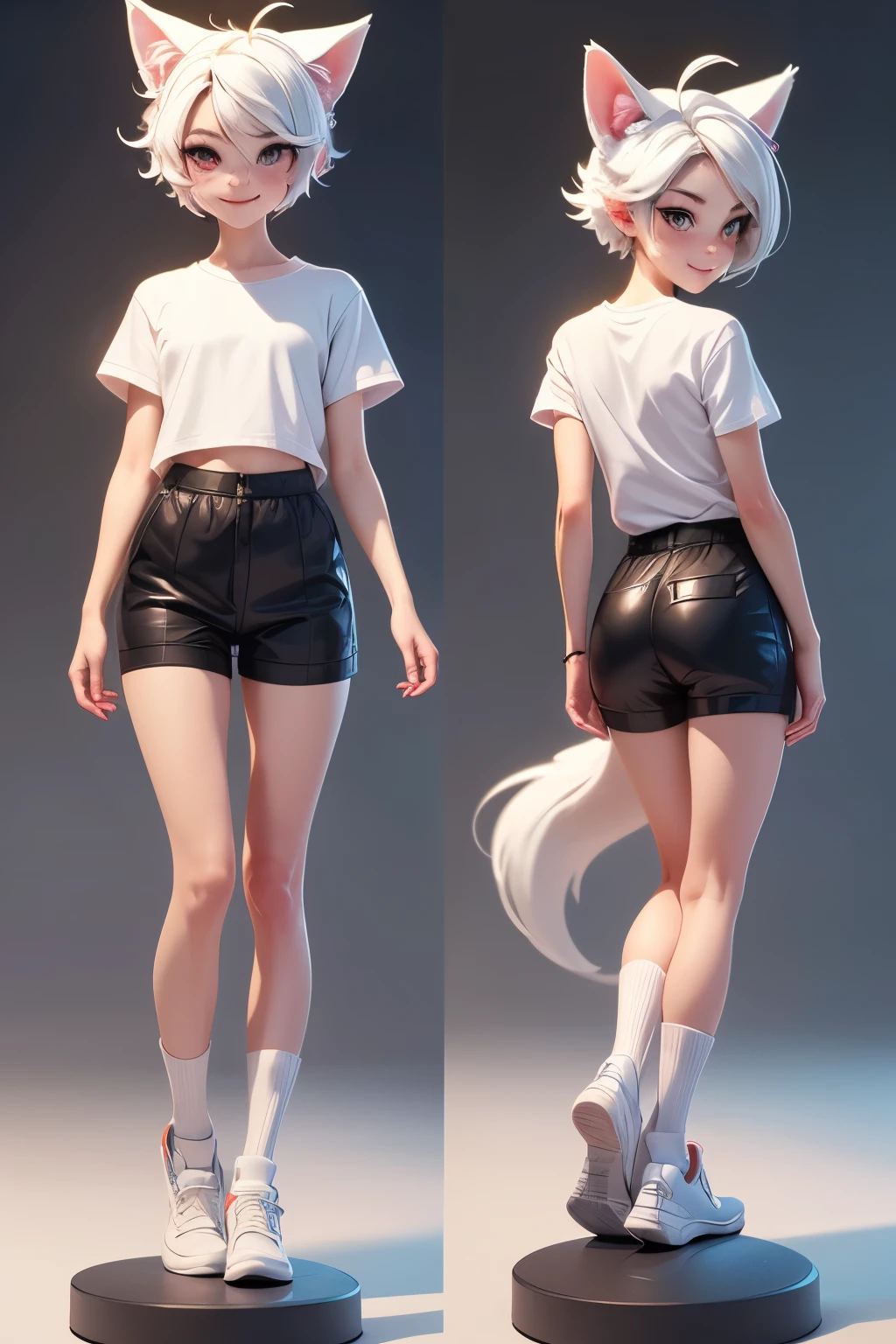 three sided view,T-pose,Cute boy with white hair and red eyes, he has wolf ears and a wolf tail, smiling slyly, he stands in tight boxers and socks,white t-shirt