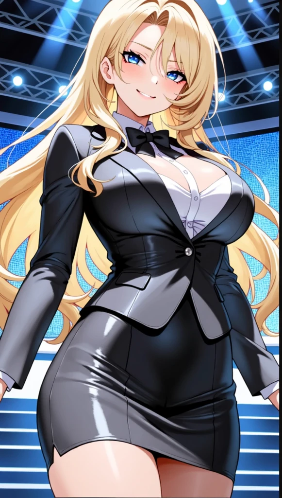 (masterpiece, best quality), intricate details
1girl, mai valentine, long hair, blonde hair, jewelry, purple eyes, earrings, makeup, huge breasts, white cross-laced croptop, purple jacket, black pencil skirt, cleavage