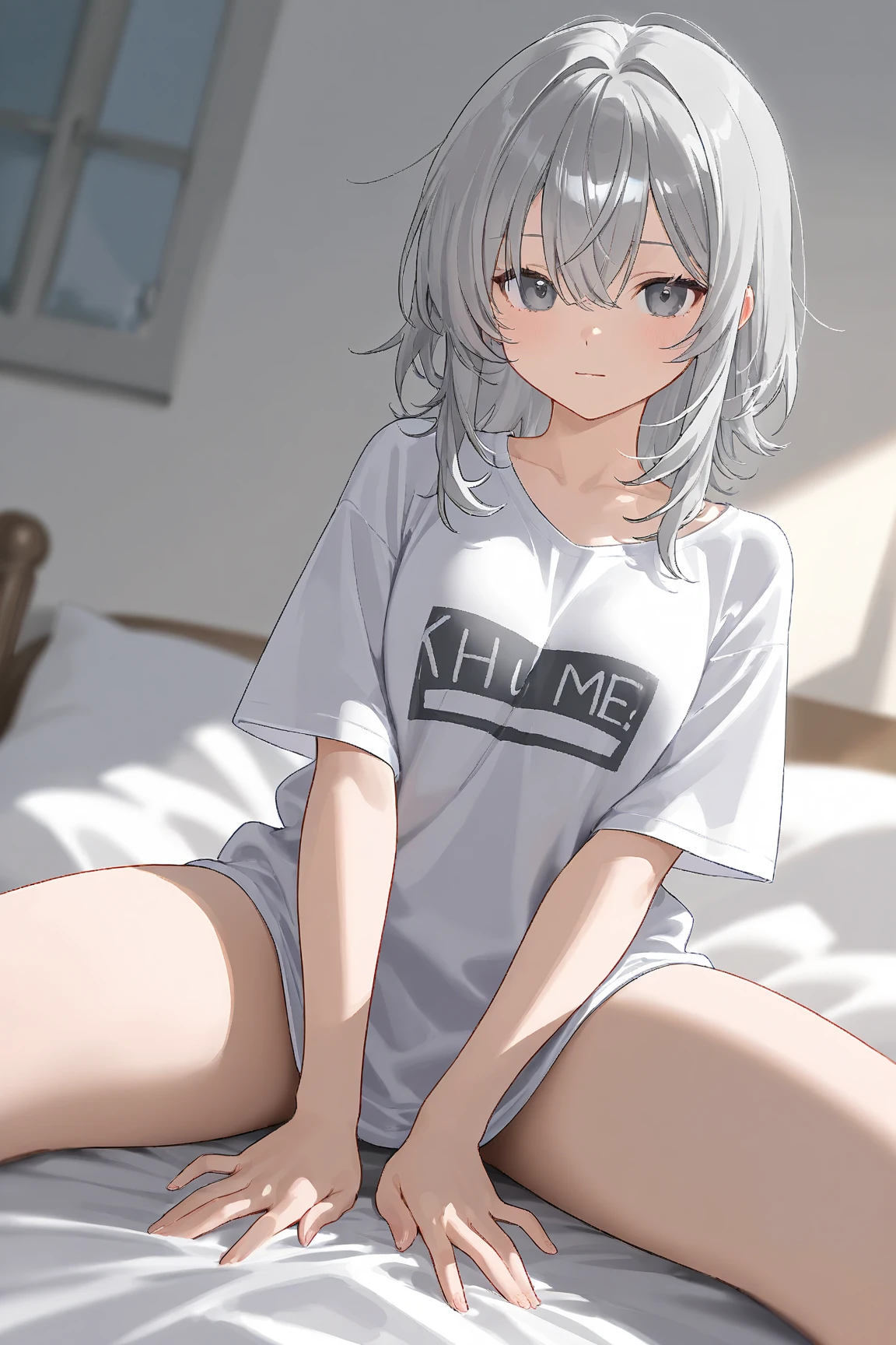 score_9, score_8_up, score_7_up,source_anime, high res image,masterpiece,best quality,girl,cute face,clear skin,simple background, jyojipan, panties, white hair, short hair, pink eyes,