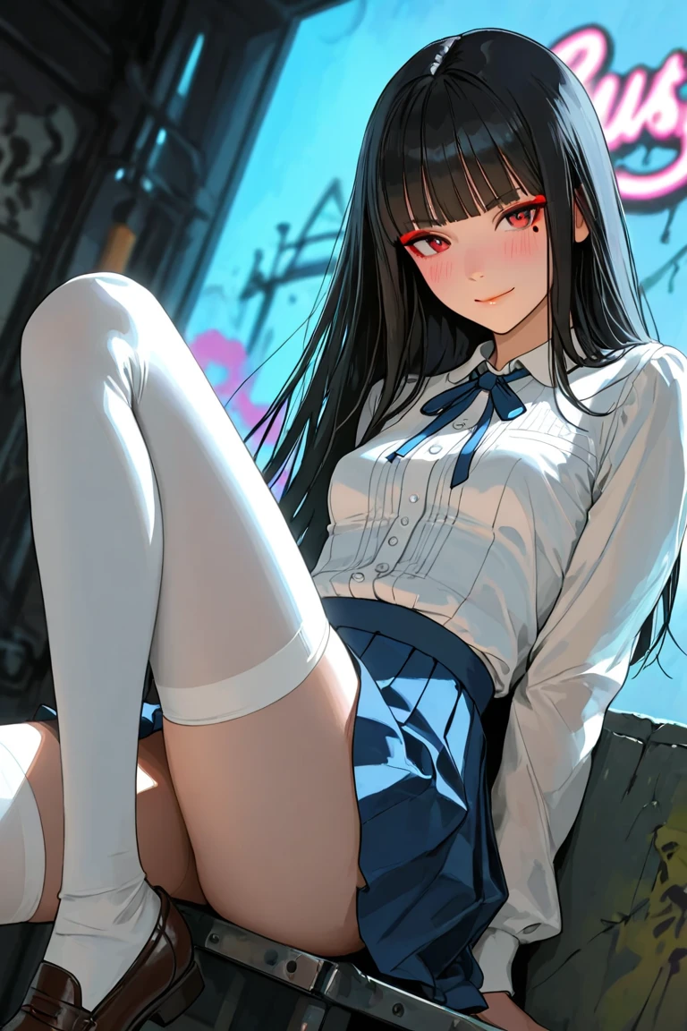 ((masterpiece,Highest quality:1.3,best quality illustration)),(realistic),cowboy shot,solo,1woman,(18 year old beauty),black hair,long hair,bangs,black eyes,gorgeous big eyes,((very small head:1.3)),shy,tears,((very long body:1.2,skinny)),medium breasts,(turtleneck、Long sleeve white knit top、Grey checked mini skirt、white_thighhighs),sweat,gleaming skin,toned body,slender body,squatting,spread legs,peeing,World of Blade Runner、