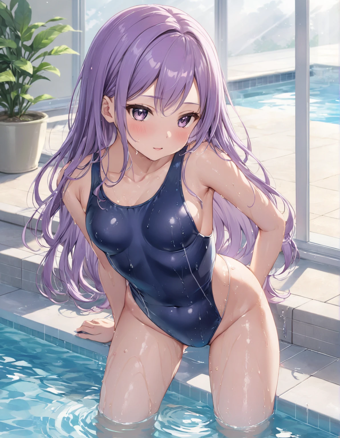 Light purple hair, white hair, long fluffy hair, wearing navy school swimsuit, swimsuit with "brood" drawn, pool background, purple eye color, red pinned bangs