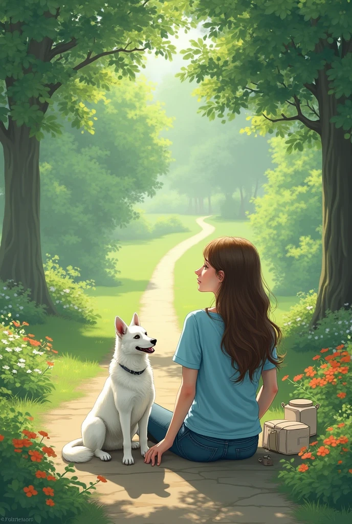 Woman wearing blue shirt sitting with white dog in park