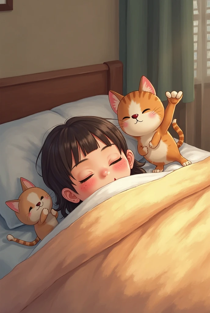 Napping indoors in the sunlight, a girl, cats, puppies, happy scenes, fairy tales,