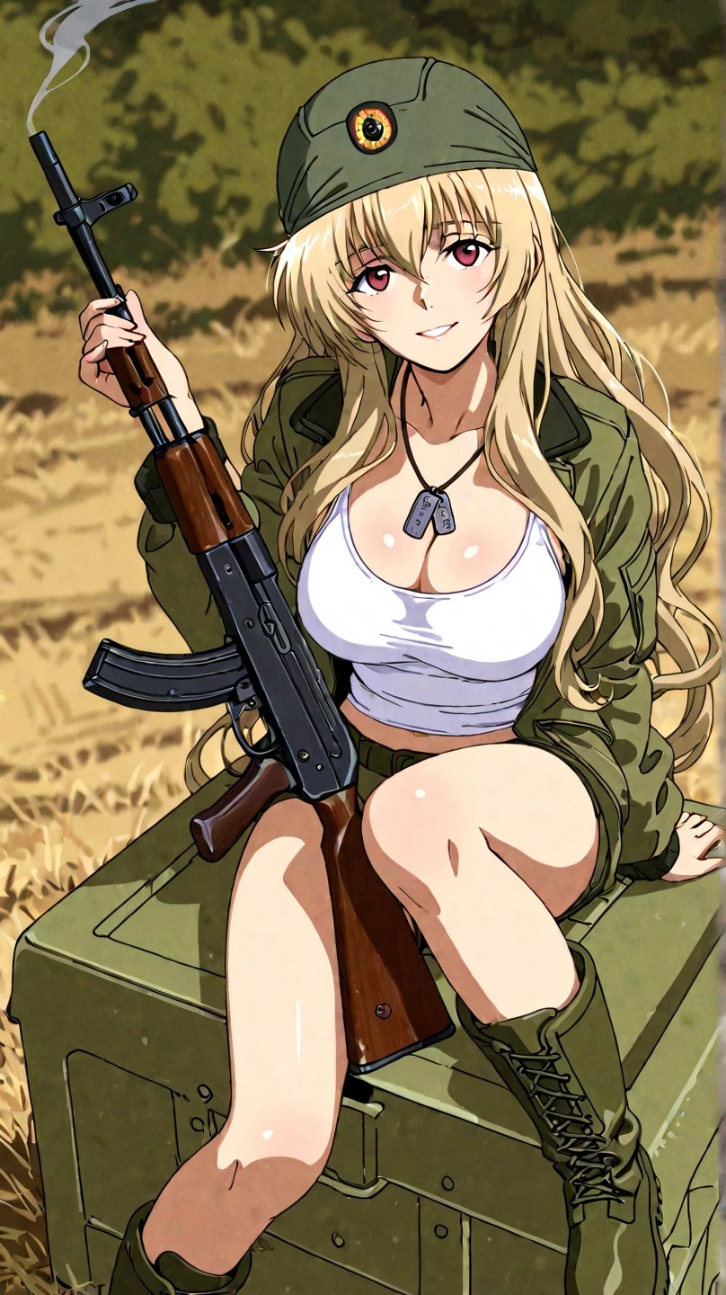 Highest quality, blonde、Golden Eyes、Big Breasts、Gold Micro Bikini、With a rifle、Sweaty、forward leaning posture、Accentuate your breasts、Fearless smile