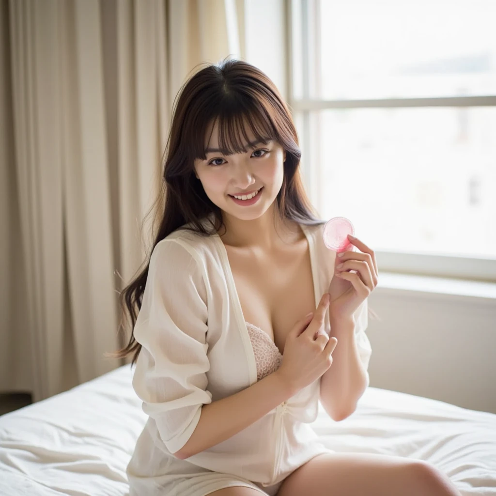 Highest quality,a girl, one girl,solo focus,raw photo,Very detailed,bloom,4K,8K,Realistic,full body,walking,Japanese women,一人のJapanese women,30 years old,Clear,kind,Beautiful eyes,short brown hair,smile,smile,teeth,Small large breasts,healthy,positive,underwear,hand between legs,one girl,The background is the bedroom