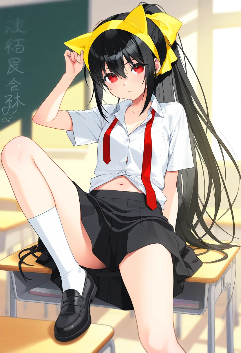Create an illustration of Filia, a protagonista do jogo Skullgirls. Ela possui cabelos longos e escuros, com um parasita chamado Samson integrado, dando-lhe garras e dentes afiados. Filia wears a classic school uniform: saia curta, blusa com gravata, meias e sapatos escolares, muito sexualizada, nua, com os seios do lado de fora e sem calcinha