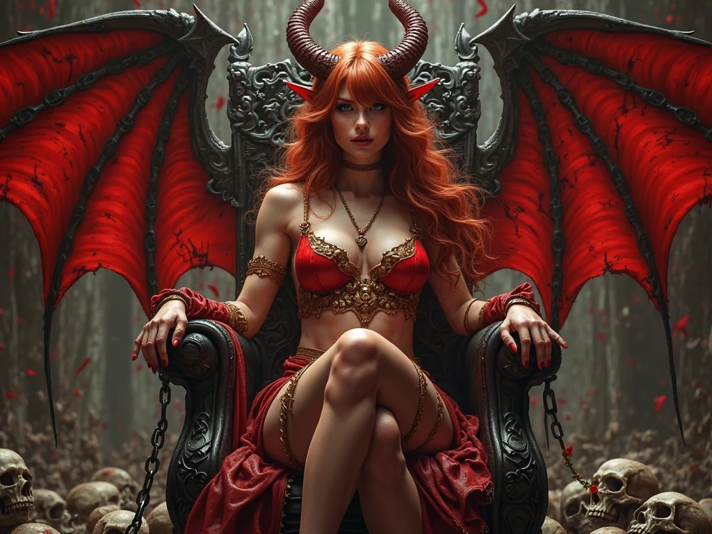 8k, RAW photo, best quality, masterpiece, realistic, photo-realistic, clear, professional lighting, beautiful face, best quality,ultra high res
female demon lord,eternal youth,25 years old,long hair,complex braids,decorations,deep red hair,jet black hair,vivid red eyes,golden eyes,eyeliner,dark lipstick,dark-toned dress,,magical gems,jewelry,crown,luxurious throne,dragon sculptures,magical symbols,sinister,exquisite decorations,crossing legs,resting cheek in hand,(full body:1.4) visible A large throne decorated with ominous yet, luxurious and precise carvings,(A sexy draped dress with a loose-fitting belly button that shows a lot of skin,:1.5)A very fine devil's horn with a very complicated structure grows from its head, and very large and ominous devil wings grow from its back.