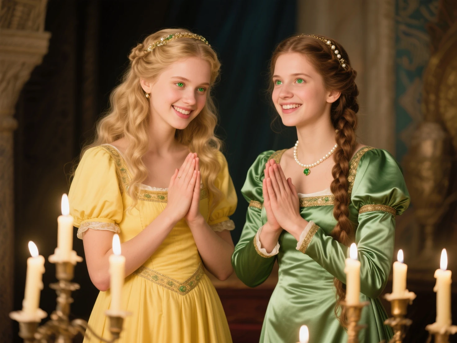 England, 1337. A young ((((20-year-old)) Caris Wooler)), attractive, expressive eyes, in the village fair, chatting with a friend. ((((clothings from the 1300s, gown)))), ((light chestnut hairstyle of the 1300s)) 