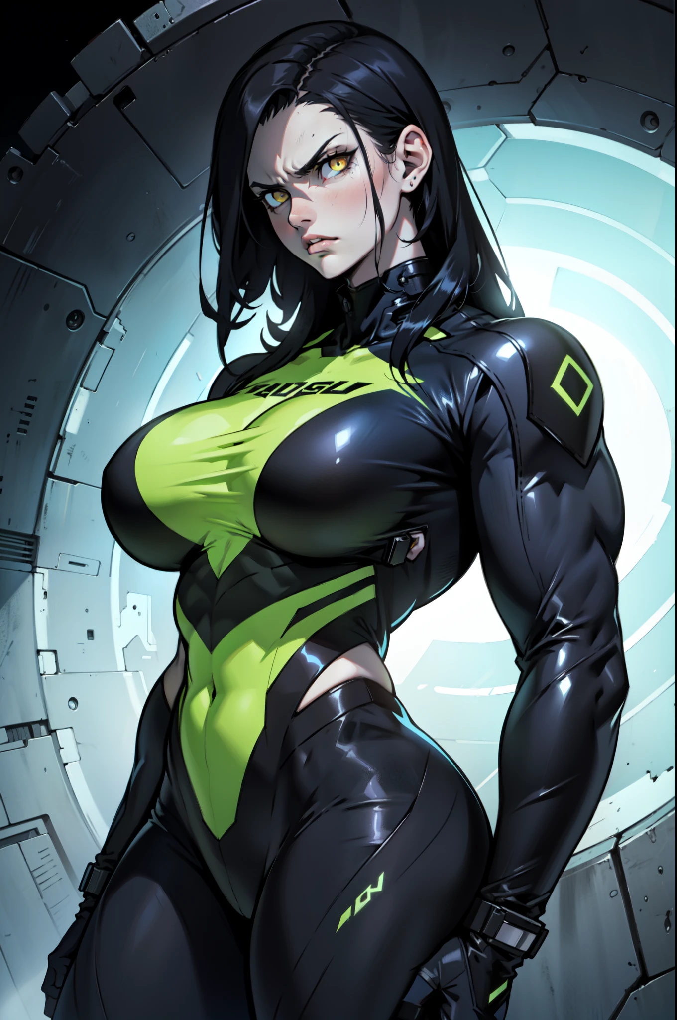 muscular muscular muscular huge breasts huge breasts huge breasts thick thick thick pale skin black hair yellow eyes sad tactical gear dark tactical clothes