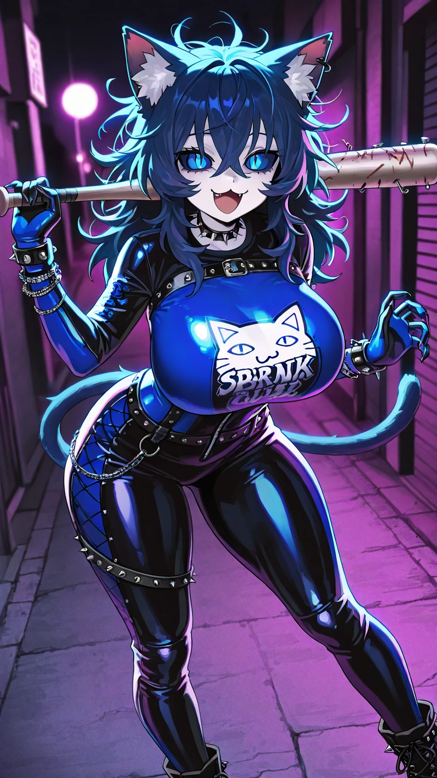 (masterpiece), best quality, expressive eyes, girl's face, perfect hybrid succubus, long cyan and blue hair, magenta eyes, glasses, blushing, kitsune mask, wearing a black mask with pink kitten edges, black miniskirt, short violet dress with hoods that covers her head, leaving only her face visible, belts and stockings appeared out of nowhere to finish off her outfit, black thong, big and perfect breasts, thick thighs, big and perfect ass, bar, arms between her breasts,nfsw