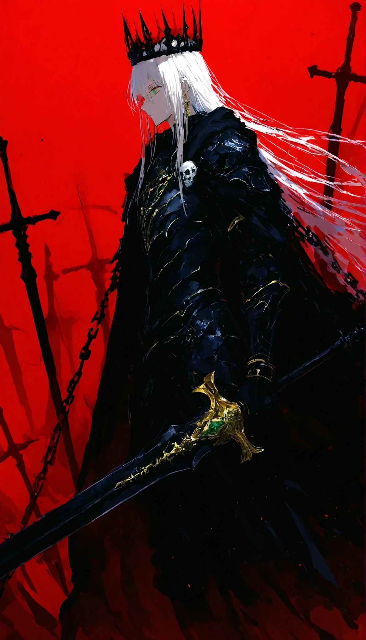 The King,Black suit,banana,black cloak,Skull Jewelry,Black Armor,Black Giant Sword,slim,side view,,There are 4 ,knight,With a crown,Long black chain,red background,Gold Jewelry, Long white hair,in blue eyes,heterochromia,in green eyes,,running