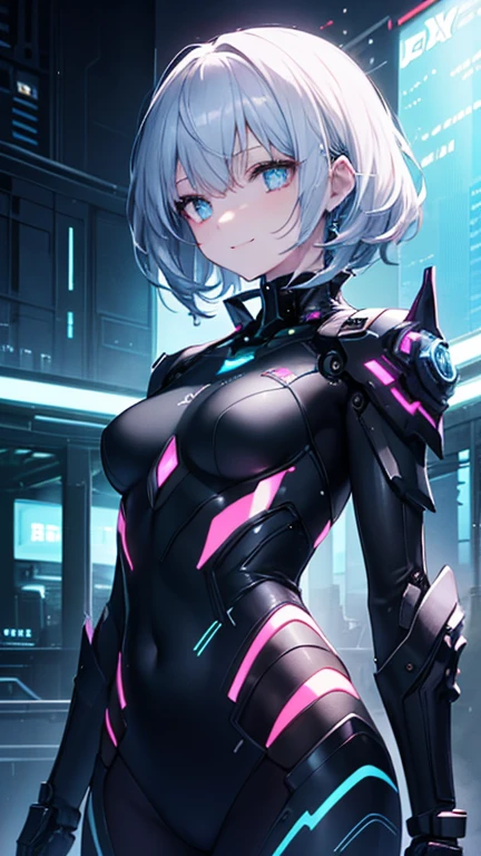 Top quality, masterpiece, fine detail, super detailed, accurate depiction, highly detailed 8k wallpaper, 1 girl, (Sexy Mecha Girl: 1.3), looking straight, 5 perfect fingers, (mechanical halo: 1.2), (Detailed exposed exoskeleton leotard: 1.2), (Complex mechanical limbs), (bare shoulders and armpits), (flat_chest, huge_breasts, wide_hips), (sharp-angled headgear on both sides of the head: 1.2), short side tail, gray hair, cyberpunk, neon glowing urban streetscape,