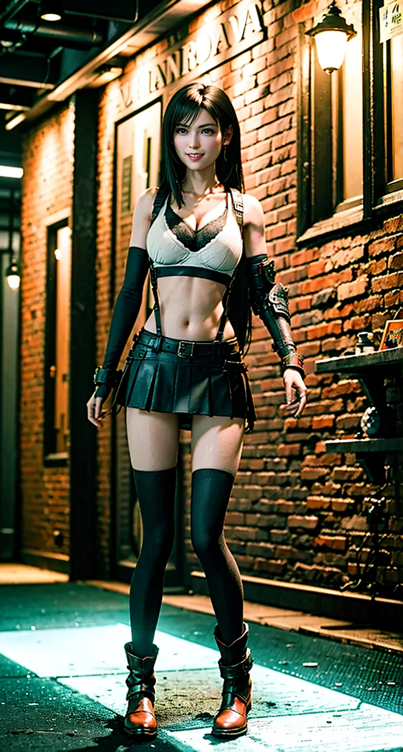 (8k, Highest quality, masterpiece:1.2), (Realistic, photo-Realistic:1.37), Very detailed, 1 girl,cute, alone, (Tifa Lockhart), (huge breasteautiful detailed eye), (smile:1.2), (Mouth closed), Sexy pose, Dancing, Neon Light, Cityscape, Depth of written boundary, Dark intense shadows, Sharp focus, car, Motion Blur, bike, Depth of written boundary, Good composition, Green glowing light, Final Fantasy VII, Date,(鼻がredくなる), 片Elbow pads, Ankle boots, Black Hair, black Knee socks, red boots, Elbow hand pockets, Elbow pads, Fingerless gloves, A tight shirt, Sporting goods, (Black skirt with suspenders), Knee socks, White tank top, whole body, Headrest, lips, Pretty face, Long hair tied low, ((red_eye)), Yellow Flower, (night:1.3), Complex, Bokeh, Cinema Lighting, Photon Mapping, Radio City, Physically Based Rendering, (Tetsuya Nomura Style), Browsing Caution, Perfect breasts
