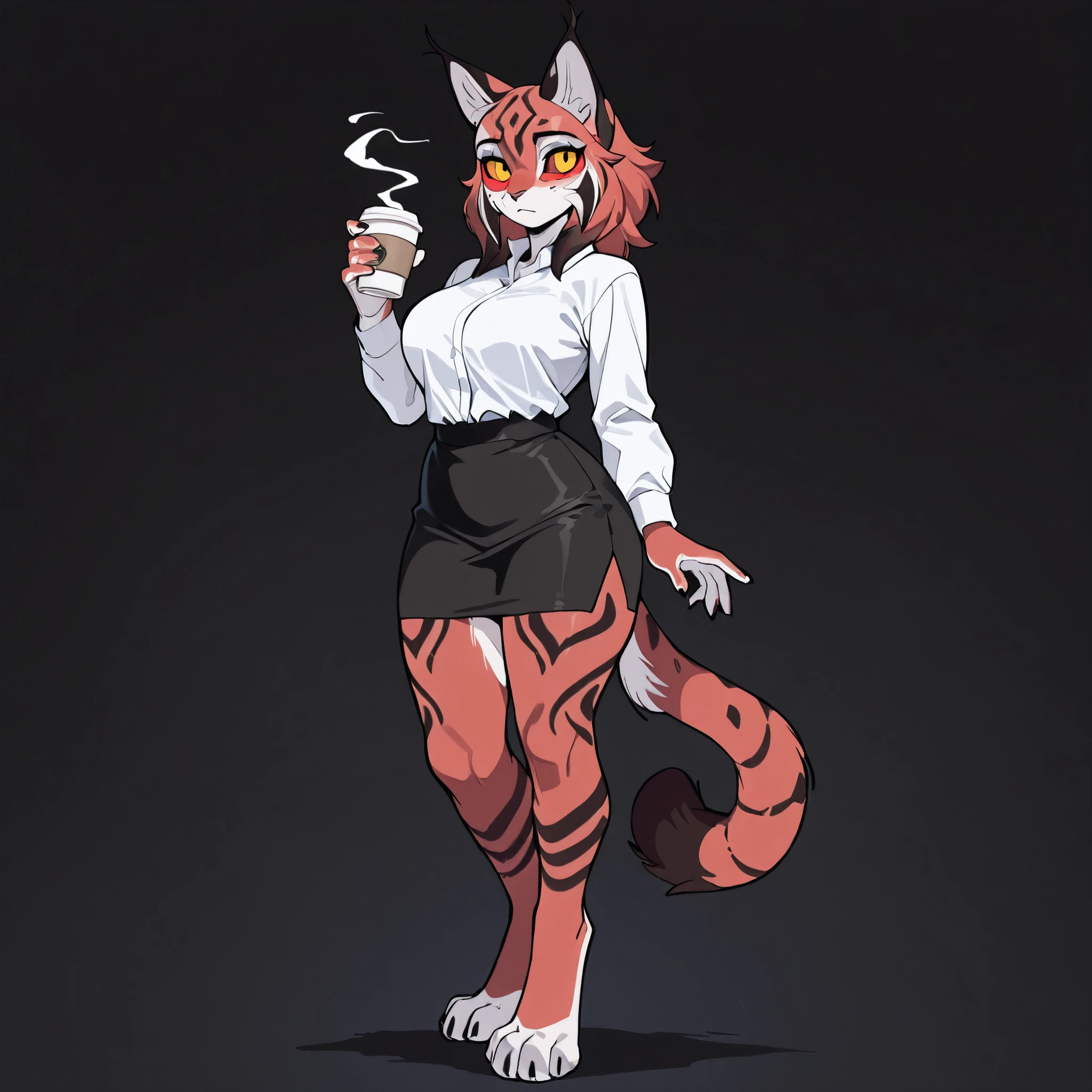 (Solo:5.5), anime style, anime shading, clean lines, masterpiece, best quality, full body picture, centered, anthro, strong body type, curvy, furry, anthro lynx, female lynx, red fur, lynx markings, 1girl, yellow eyes, red sclera, digitigrade legs, large hind paws, claws, standing pose, long cat tail, black office attire, holding a coffee cup, dark background