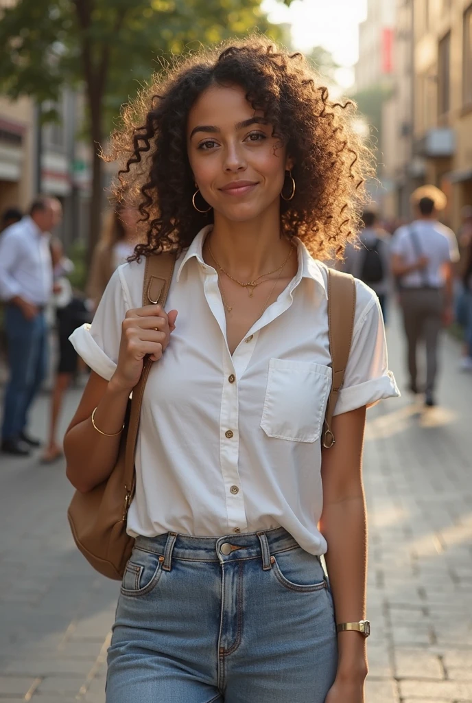 corps entier , beau visage, curly hair,Warm light and clear complexion, afro-american, Detailed, ultra quality, poitrine claire, mignonne, adorable, chemise blanche et mini jupe debout dans la rue avec une amie