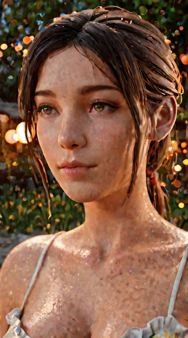 ((Best quality, 8k, Masterpiece: 1.3)), Sharp focus: 1.2, A beautiful woman with perfect body: 1.4, Slim abdomen: 1.2, ((Layered haircut, Large breasts: 1.2)), (no bra) (Small and beautiful hard nipple) (Thin and damp button up to shirt length: 1.1), (White shirt wet by rain), (Rain, Street: 1.2), Wet body: 1.1, Highly detailed face and skin texture, Detailed eyes, Double eyelid, tanned skin, sexy, tan, dark skin, tanned body, exposed shoulders, cleavage