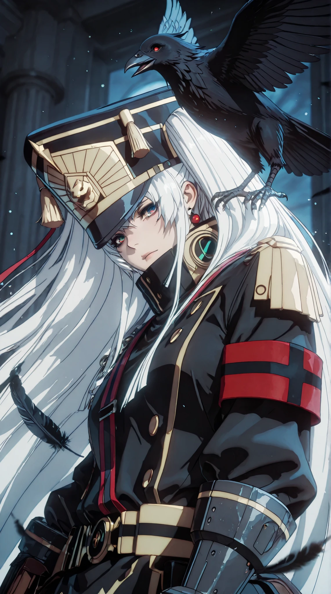 ggstduel, (ratatatat74:1.2), anime coloring, ((Cinematic, unreal engine, eye-catching, ambient occlusion, UHD, masterpiece)), ((perfect lighting)), comic, score_9, score_8_up, score_7_up, score_6_up, score_5_up, score_4_up, uncensored, detailed background, vignetting, masterpiece, Cinematic, high quality, absurdres, best quality, very aesthetic, newest, digital art, trending on ArtStation, ((anatomical correct)), perfect body, perfect eyes, perfect fingers, gasping, heavy breathing, gasping profusely, cinematic, ((skindentation)), ((curvy)), white hair, absurdly long hair, shako cap, sidelocks, two side up, hair ribbon, multicolored eyes, square pupils, plump, curvy, bird, crow, jewelry, solo, glowing, tattoo, earrings, looking_at_viewer, upper_body, necklace, closed_mouth, animal, feathers, hollow eyes, military uniform, long sleeves, armband, shako cap, gauntlets, sash, long coat, long skirt, belt, high heel boots, knee boots, ((aura)) black aura, magic particles, light particles, 