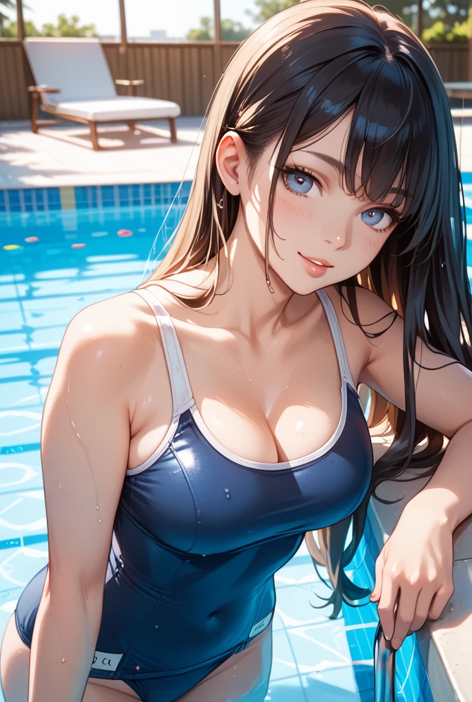 highest quality、Realistic、woman、Chestnut Hair、Light brown eyes、Long Ponytail、One piece swimsuit、Tanned black body、A well-trained body、Tan Skin、Brown Skin、Chubby、Sweat、Pool、sit、Shy laugh、looking at the camera