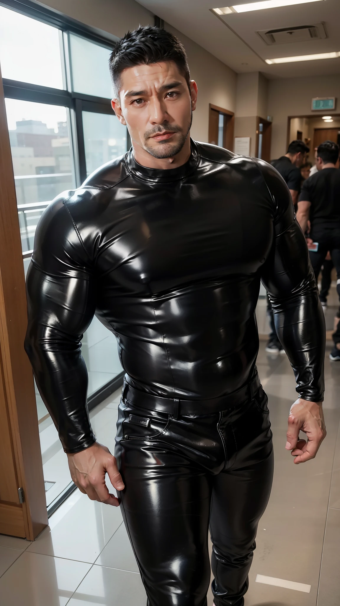 Full body portrait of A middle-aged man wearing a tight black shiny leather leggings,tight black leather long sleeve sweathirt, Ultra-high quality，Detailed background，Muscular, Muscular，Strong body,Asian Face，Attractive Muscular man,50-year-old male ，sports, A man with sturdy limbs, Partial male hair trunk, wet，Sweating，Soaked， Muscular, muscular body, Hairy chest and body,he is walking in the hallway of library, FULLBODY SHOT 
