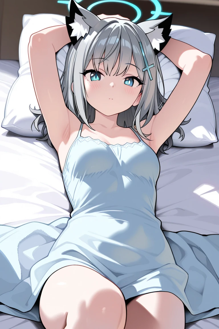 Sitting in bed , taking off her dress showing her black panties 