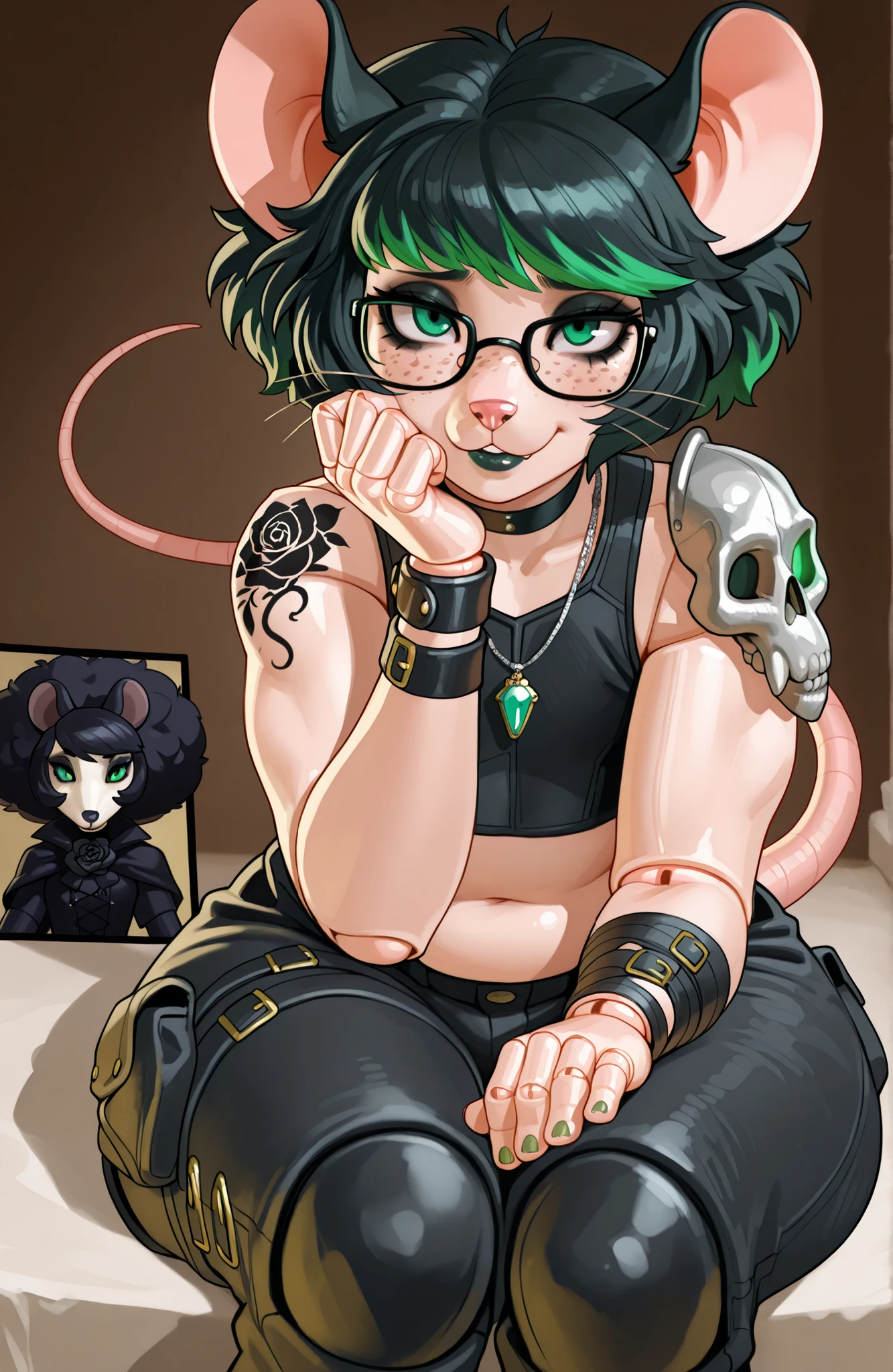 (Tall male), (black big curly afro with green highlights), (Green streaks in hair), (green eyes), (glowing iris), (black choker), (black leather bracelets), (Viking jewelry), (Black Rose Tattoo on right shoulder), (Silver necklace with a green jade skull trinket), (fingernails), (green nail polish), (Long curvy fit legs), (freckles on face), (freckles on shoulder), (Dark Grey lipstick), (rat ears), (black ears, pink inside), (chipped right ear), (rat buck teeth), (white sclera), (rat nose), (rat tail), (anatomically correct rat whiskers), (goth makeup), (plump kissable cupid lips), (half open tired eyes), (glasses),(Flat chested), 8k quality, highly detailed, Persona Art Style, perfect detailed face, Fit upper body, Fit muscular arms, detailed muscles, Tomboy muscle build, detailed eyes, perfect detailed hands, accurate detailed doll joints, detailed thigh doll joints, detailed doll joints, detailed doll neck joint, detailed lips, 80's、comics, femboy, cute、80'sアニメーション、score_9, score_8_up, score_7_up, (One) elegant, Cheeky pose, Focus on face, Top half photo, Gothic Skull Mesh Crop Top, Gothic Punk Gothic Cargo Pants, Close up view, Close up view on face, Portrait oil Painting, realistic painting style, cute rat-like facial features, anthropomorphic, anthropomorphic face, Cute flirty Expression, sharp rat claws, fierce eyes, sitting, legs crossed, full furry anthro, mature feminine body type, fur on body